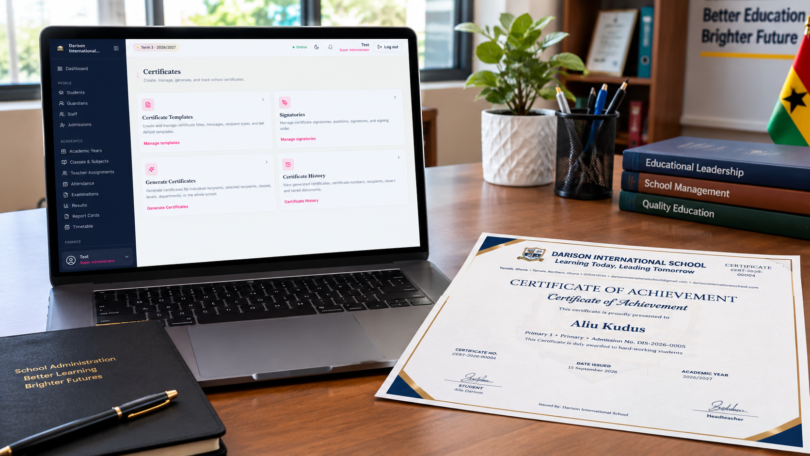 The certificates area of DISCH Edu System with templates, signatories, generation and history, beside a printed certificate of achievement.