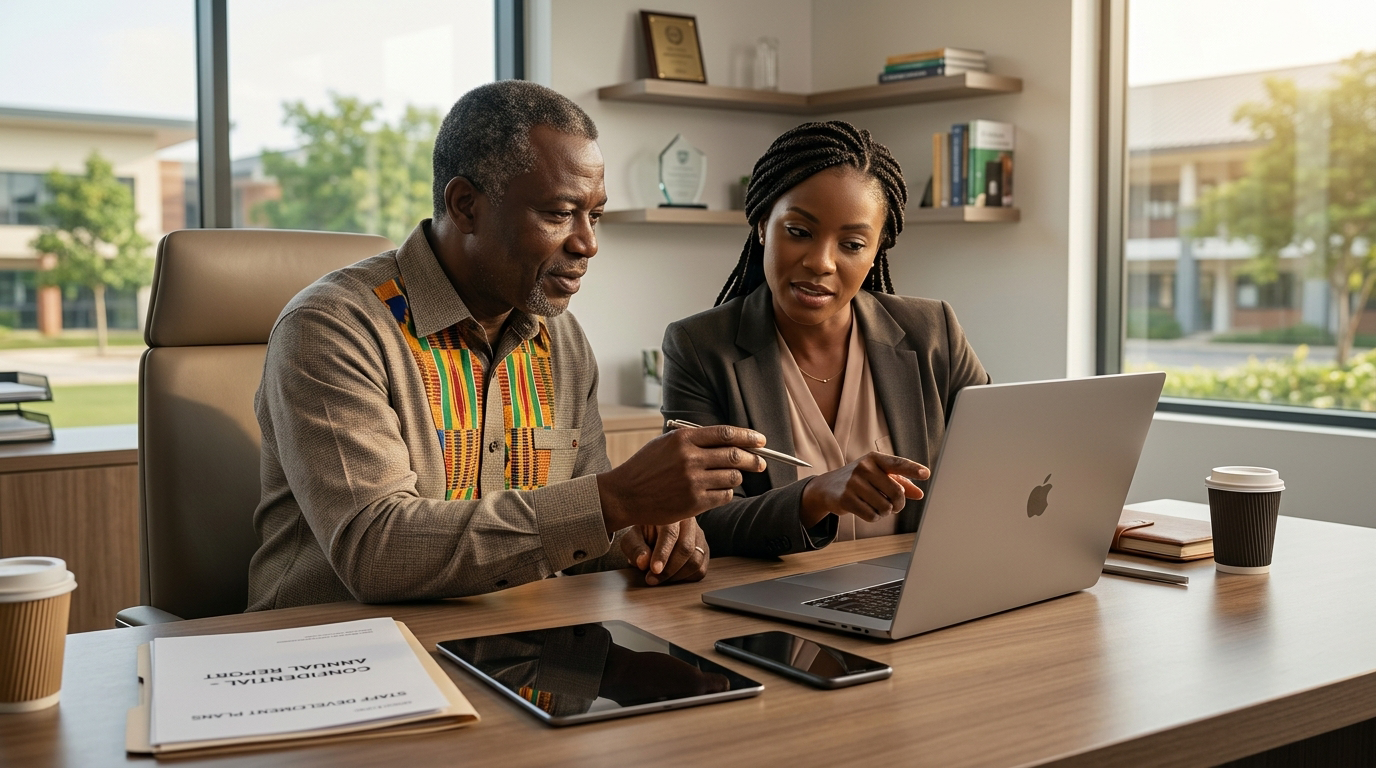 Two colleagues reviewing school information together on a laptop.
